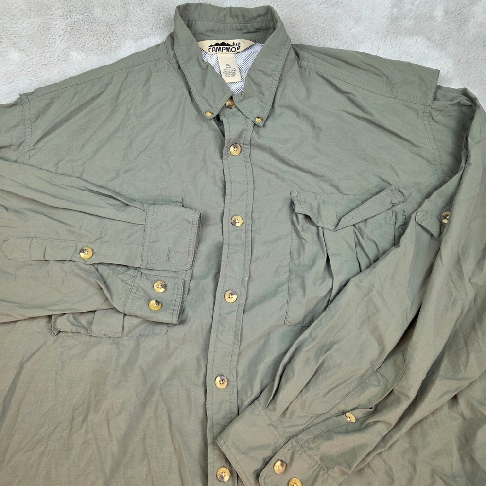 Campmor Fishing Shirt Mens XL Long Sleeve Vented Back Convertible Nylon Green